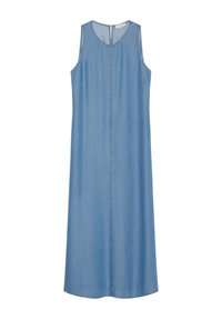 Denim midi-kjole i lyseblå med en rett silhuett, ermeløs design, rund hals og glidelås i midten. Jevn tekstur.