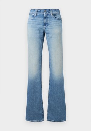 Jeans evazati de culoare albastră deschisă, din denim, cu un finisaj decolorat și cinci buzunare. Talia include un buton metalic și bucle pentru curea.