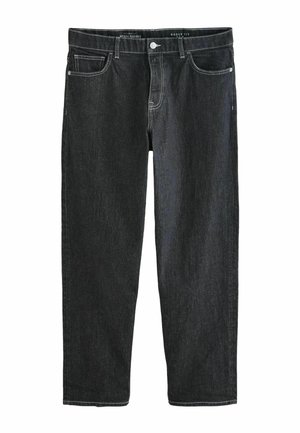 Svarta denimjeans med en rymlig passform, femfickorsdesign och kontrasterande vit söm. Tyget har en slät yta med en lätt lyster.