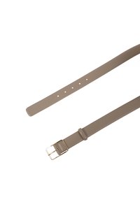 Beige Leder-Gürtel mit glatter Oberfläche, ausgestattet mit einer rechteckigen goldenen Schnalle und Anpassungslöchern entlang der Länge.