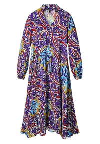 Robe multicolore avec un fond violet orné de motifs abstraits rouges, bleus et jaunes, manches longues et coupe décontractée.