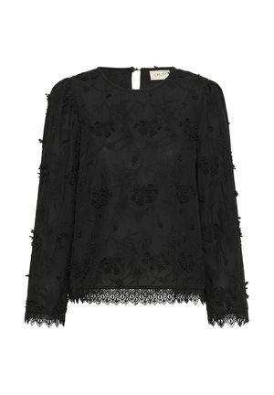 Black long-sleeve blouse with floral embroidery, textured fabric, scalloped lace hem, and keyhole back closure. Features decorative bead accents.