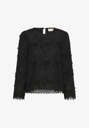 Must osehügikleid, millel on lilleline tikand, tekstureeritud kangas, laineline pitsiveer ja võtmeaugu tagaosa sulgemine. Lisaks on dekoratiivsed helmest accents.