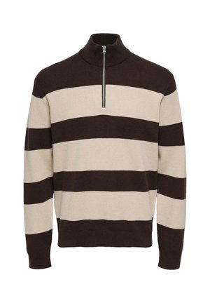 Suéter de punto a rayas en marrón y beige con cuello alto y cierre corto de cremallera. Textura suave y puños y dobladillo acanalados.