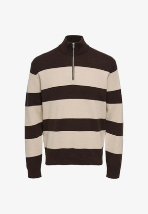 Suéter de punto a rayas en marrón y beige con cuello alto y cierre corto de cremallera. Textura suave y puños y dobladillo acanalados.