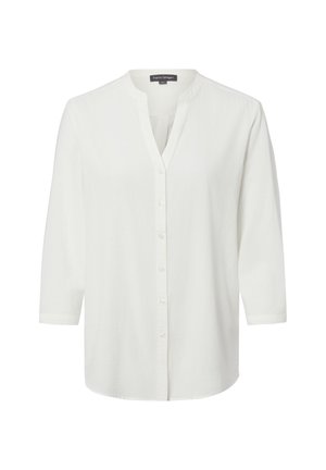 Biała bluzka z długim rękawem, zapinana na guziki z przodu, z kołnierzem typu mandarynka, pokazana na białym tle.