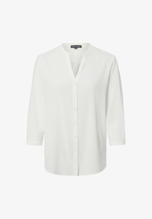 Biała bluzka z długim rękawem, zapinana na guziki z przodu, z kołnierzem typu mandarynka, pokazana na białym tle.