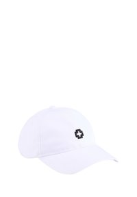Weißer Baumwoll-Baseballcaps mit schwarzem Logo. Das Design umfasst einen gebogenen Schirm und einen verstellbaren Riemen auf der Rückseite.