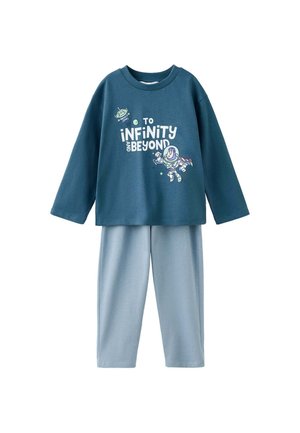 Kinderblaues langärmeliges Oberteil mit "To Infinity and Beyond" Text und Leerzeichen, kombiniert mit hellblauer Hose im Pyjama-Set.