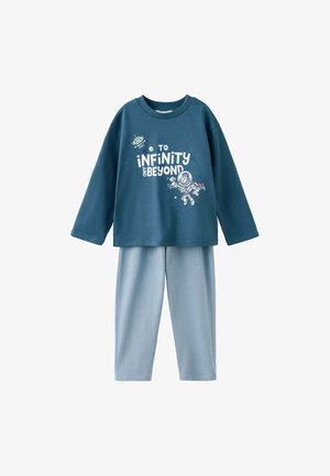 Kinderblaues langärmeliges Oberteil mit "To Infinity and Beyond" Text und Leerzeichen, kombiniert mit hellblauer Hose im Pyjama-Set.