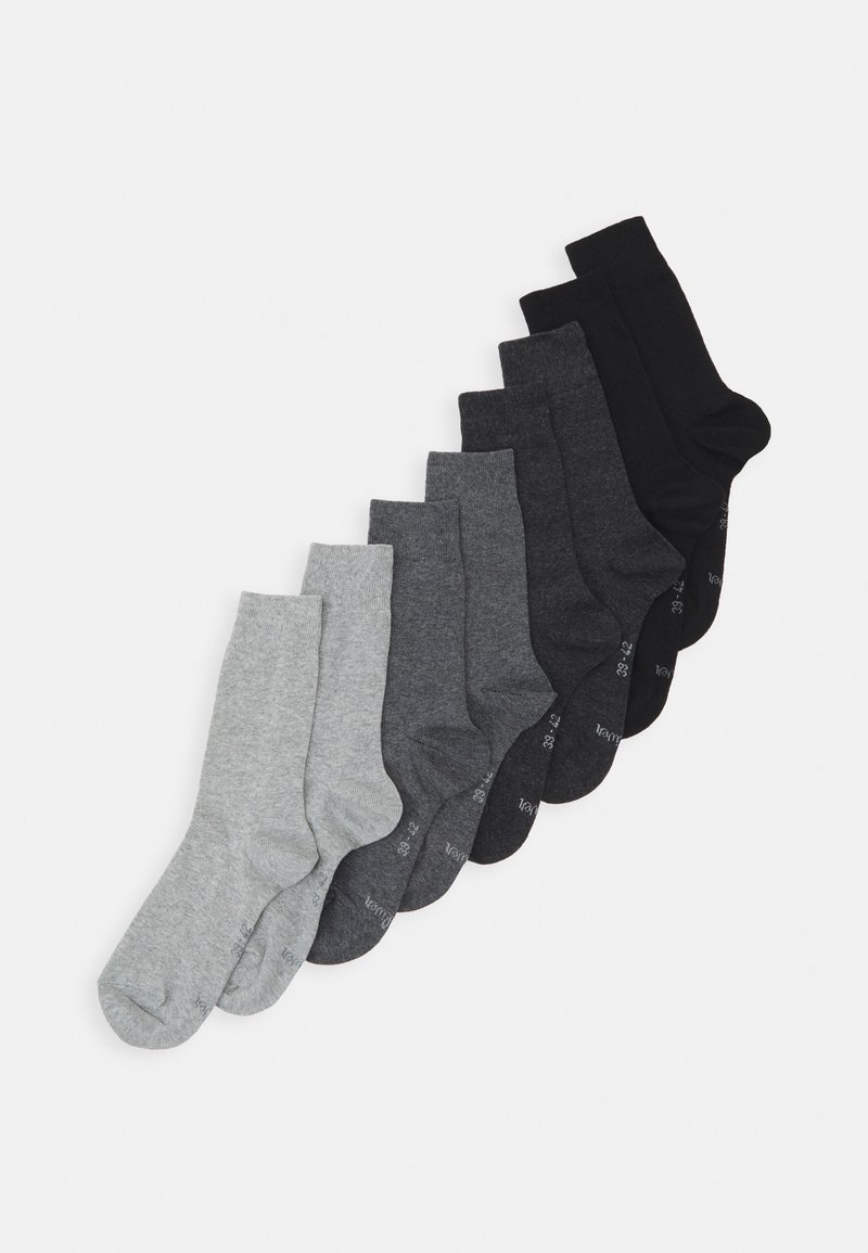 Set von Socken in verschiedenen Grautönen: hellgrau, mittelgrau, dunkelgrau und schwarz. Baumwollmischung mit gerippten Bündchen und ohne auffällige Muster.