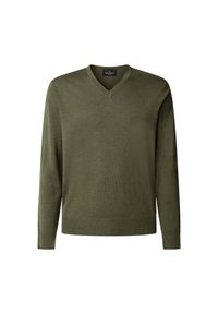 Olive green V-neck sweater with long sleeves, ribbed cuffs, and a smooth texture. Simple design without additional patterns or accents.