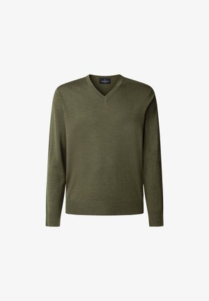 Oliwkowy sweter z dekoltem w serek i długimi rękawami, z prążkowanymi mankietami i gładką fakturą. Prosty design bez dodatkowych wzorów czy akcentów.