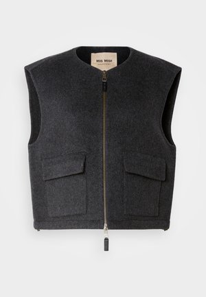 Dark gray sleeveless vest made of wool, featuring a zip closure, round neckline, and two front patch pockets.