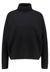 Czarny sweter z długim rękawem z golfem, o luźnym kroju i lekko skróconym dole.