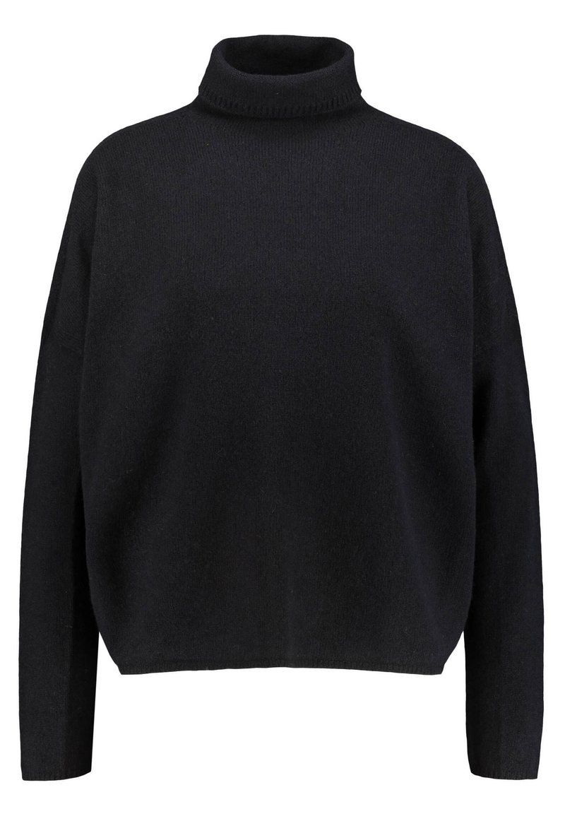 Czarny sweter z długim rękawem z golfem, o luźnym kroju i lekko skróconym dole.