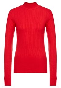 Czerwony sweter z golfem z prążkowanej dzianiny, z długimi rękawami. Wykonany z miękkiego materiału, charakteryzujący się dopasowanym krojem i gładką fakturą. Bez wzorów ani akcentów.