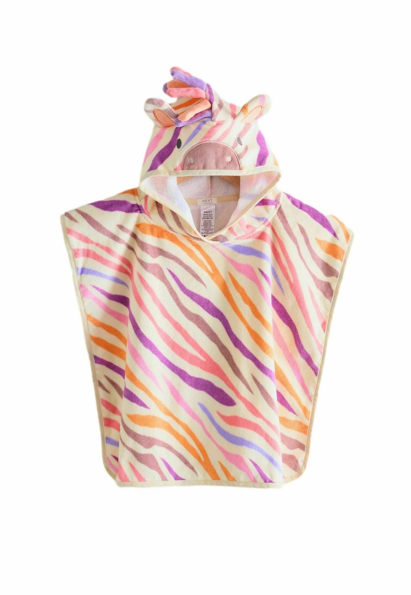 Hoodie poncsó törölköző puha, bolyhos anyagból készült, krémszínű, multiszínű zebra csíkokkal rózsaszín, narancs, lila és barna árnyalatokban.