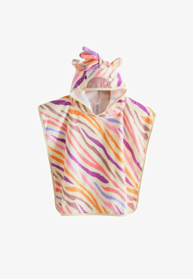 Hoodie poncsó törölköző puha, bolyhos anyagból készült, krémszínű, multiszínű zebra csíkokkal rózsaszín, narancs, lila és barna árnyalatokban.