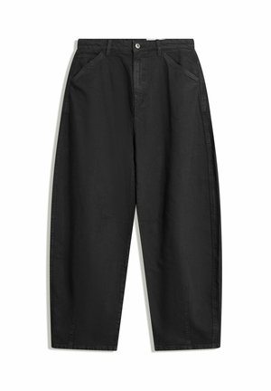 Zwarte wijde pantalon van katoen, met een hoge taille, voorzakken en subtiele stiksels. Soepele textuur zonder patronen.
