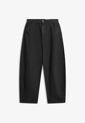 Black wide-leg trousers made of cotton, featuring a high waist, front pockets, and subtle stitching details. Smooth texture without patterns.