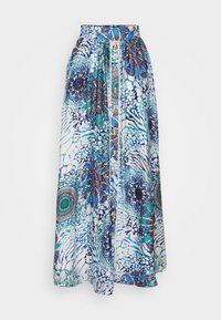 Jupe longue et fluide en bleu et blanc avec des motifs paisley complexes. Dotée d'un devant boutonné et d'une taille élastique pour plus de confort.