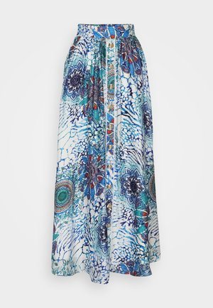 Langer, fließender Rock in Blau und Weiß mit detaillierten Paisleymustern. Verfügt über eine durchgehende Knopfleiste und einen elastischen Bund für zusätzlichen Komfort.
