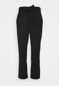 Svarta byxor med knytband i midjan, med en rak bendesign och mjukt material. Inga synliga mönster eller detaljer.