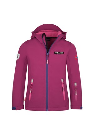 Lila Softshell-Jacke für Kinder mit Kapuze, Frontreißverschluss, zwei Reißverschlusstaschen, Trollkids-Logo auf der Brust und Norwegischer Flagge am Ärmel.