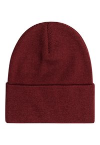 Beanie in magenta realizzata in maglia, con una texture morbida, caratterizzata da un risvolto e un design semplice; realizzata in un materiale elasticizzato e caldo.