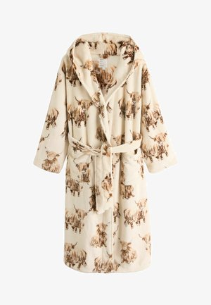 Robe de couleur crème avec capuche et ceinture, décorée de motifs de vaches des Highlands marron et beige sur un tissu doux.