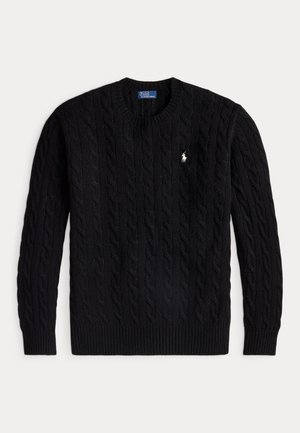 Čierny sveter s okrúhlym výstrihom, dlhými rukávmi a malým bielym logom Polo Ralph Lauren na hrudi.