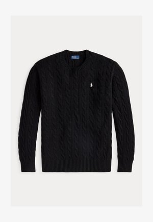 Mustast soonikootud ümara kaelusega kampsun pika varrukaga ja väikese valge Polo Ralph Laureni logoga rinnal.