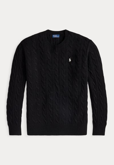Jersey negro de punto trenzado con cuello redondo, mangas largas y un pequeño logo blanco de Polo Ralph Lauren en el pecho.