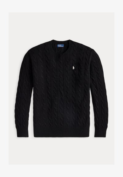 Pull noir à col rond en maille torsadée avec manches longues et petit logo blanc Polo Ralph Lauren sur la poitrine.