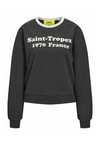Šedá mikina s kulatým výstřihem a bílým textem "Saint-Tropez 1970 Francie" vpředu. Má žebrované manžety a lem.