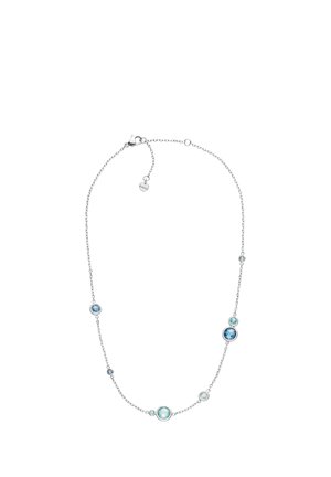 Halskette aus Sterlingsilber mit runden blauen und türkisfarbenen Edelsteinen in verschiedenen Größen, gleichmäßig entlang einer zarten Kette verteilt. Verschluss mit Karabinerverschluss.