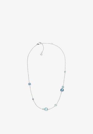 Halskette aus Sterlingsilber mit runden blauen und türkisfarbenen Edelsteinen in verschiedenen Größen, gleichmäßig entlang einer zarten Kette verteilt. Verschluss mit Karabinerverschluss.