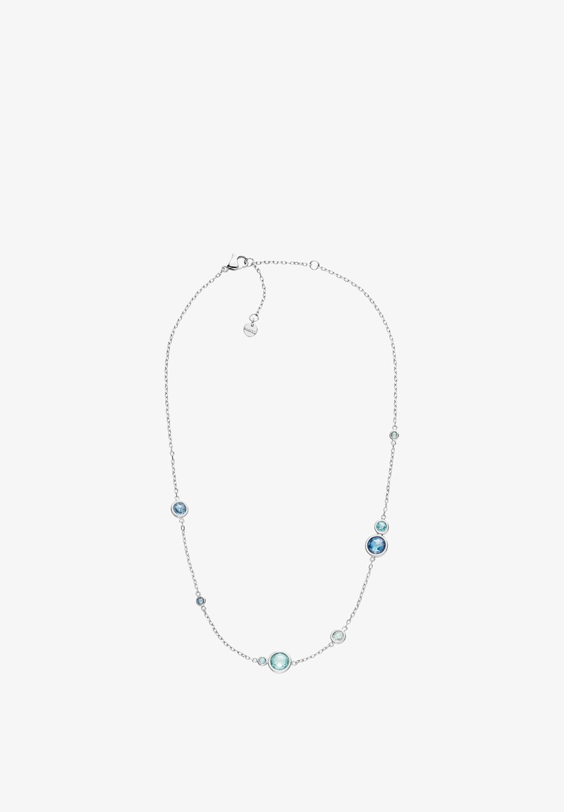 Collier en argent sterling avec des pierres précieuses rondes bleues et bleu sarcelle de tailles variées, espacées uniformément le long d'une chaîne délicate. Fermoir à pince de homard.