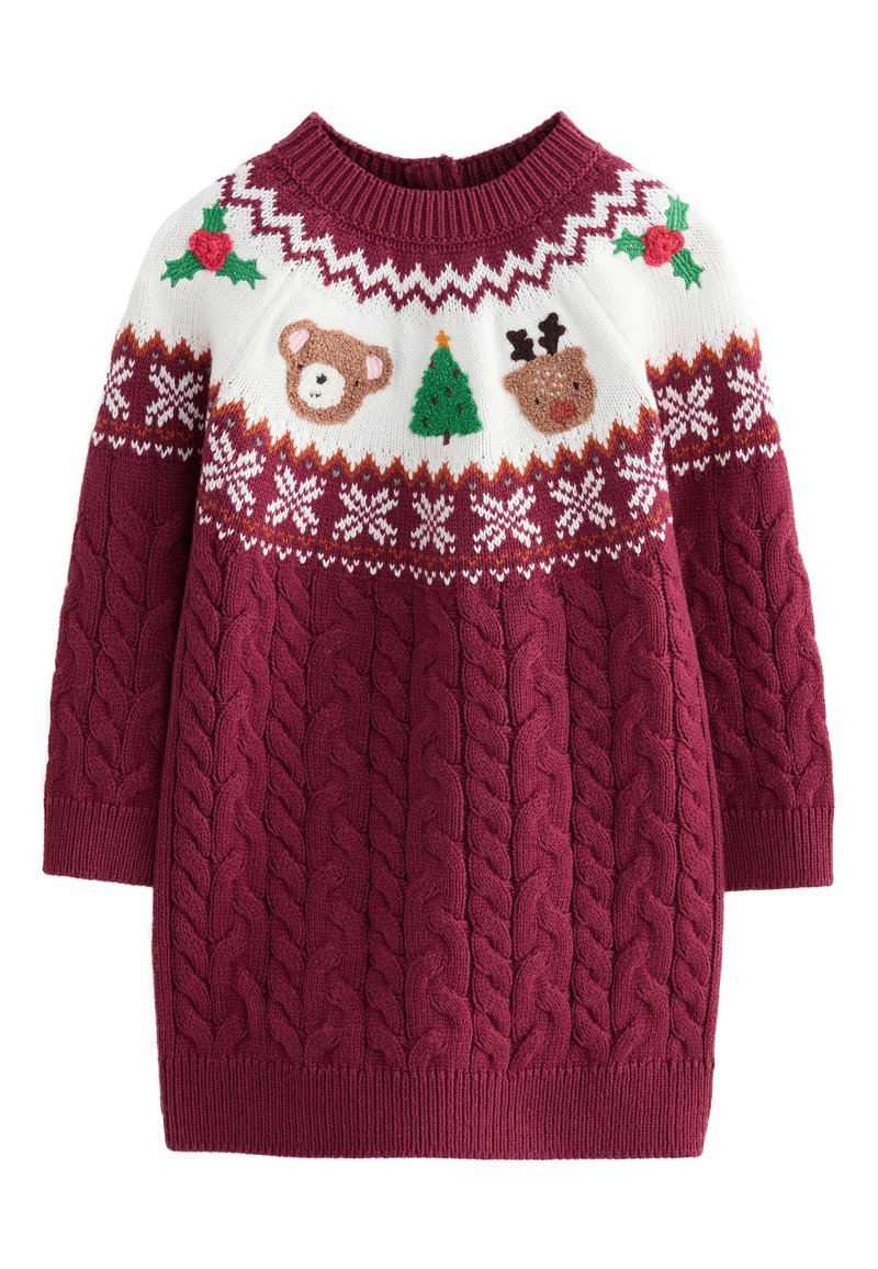 Robe-pull tricotée en bordeaux avec texture torsadée. L'empiècement blanc présente des broderies d'ours, de renne, de sapin de Noël et de houx.