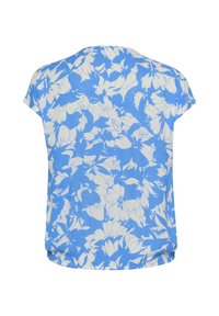Short-sleeve blouse in light blue with white floral patterns. Soft fabric with a relaxed fit and rounded hem. Back view shown.