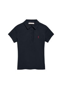 Marinkolad polo skjorta med klassisk krage, korta ärmar, femknäppning och en liten röd golfarlogotyp på vänster bröst. Tillverkad av bomull.