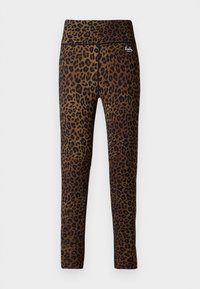 Leopárdmintás leggings, magas derékkal, rugalmas anyagból, barna és fekete árnyalatokban, sima textúrával.