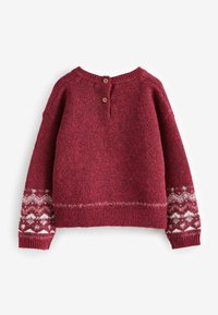 Strickpullover in tiefrot mit strukturierter Oberfläche, mit einem gerippten Saum und Bündchen. Akzentuiert mit einem gemusterten weißen Design an den Ärmeln.