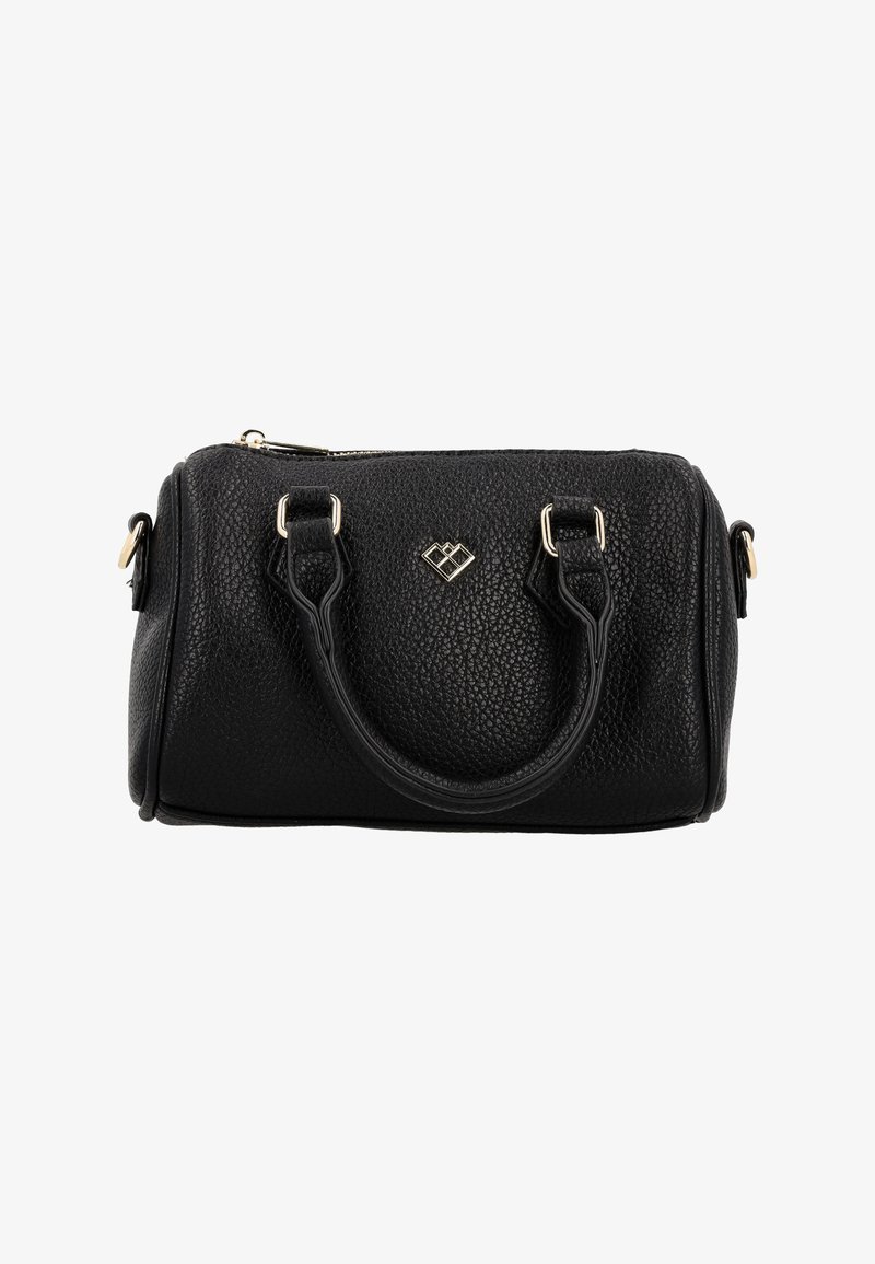 Sort pebble skindtaske med to korte håndtag og gyldne hardware-accenter, med en lynlåslukning og et dekorativt logo.