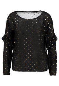Blusa nera trasparente a maniche lunghe con pois dorati, scollatura rotonda e dettagli arricciati sulle maniche. Tessuto leggero e semi-trasparente.