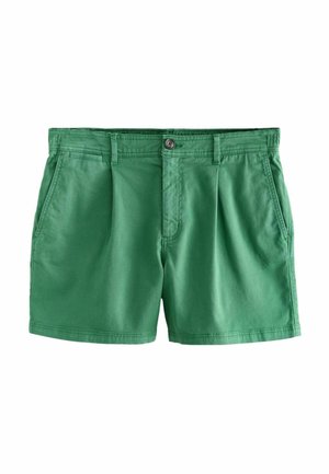 Pantaloni scurți verzi din bumbac cu nasture frontal, închidere cu fermoar, bucle pentru curea și buzunare laterale, așezați plat pe un fundal alb.