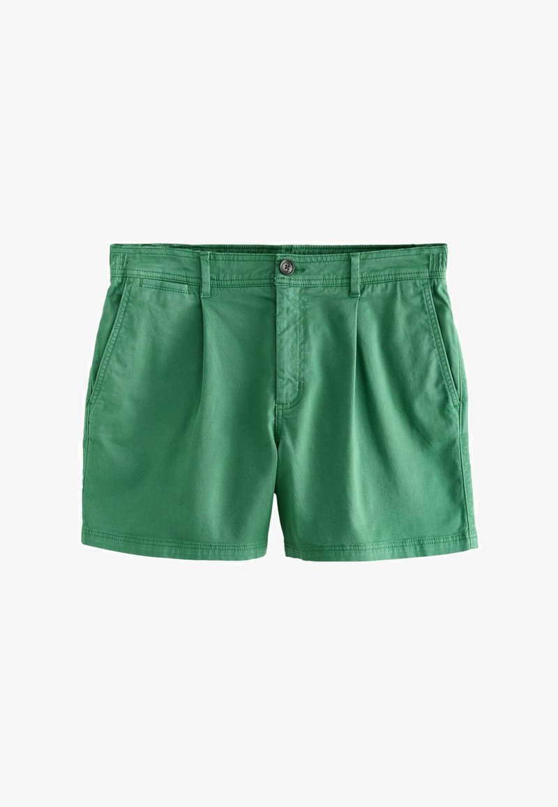 Shorts verts en coton avec bouton à l'avant, fermeture éclair, passants de ceinture et poches latérales, posés à plat sur fond blanc.