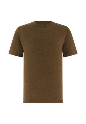 T-shirt uni à manches courtes et col rond en tissu vert olive uni, présenté de face avec une petite étiquette noire en bas de l'ourlet.