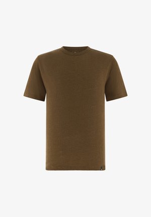 T-shirt uni à manches courtes et col rond en tissu vert olive uni, présenté de face avec une petite étiquette noire en bas de l'ourlet.
